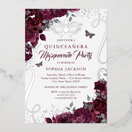 仮装バタフライシルバーブルゴーニュキンセアニェラ 箔招待状 (正面)