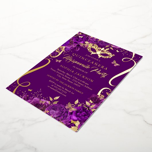 仮装バタフライパープルキンセアニェラ 箔招待状 (回転した状態)