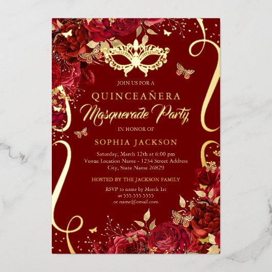 仮装バタフライ王室のレッドキンセアニェラ 箔招待状 (正面)