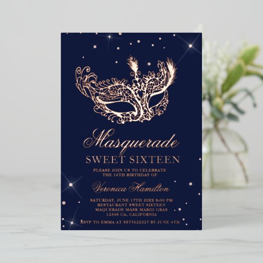 仮装バラ金ゴールドグリッターマスクSweet 16写真 箔招待状 (立ち正面)