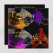 仮装バースデーパーティパープルレッド金ゴールドマスク 招待状 (正面/裏面)