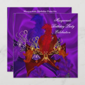 仮装バースデーパーティパープルレッド金ゴールドマスク 招待状 (正面/裏面)