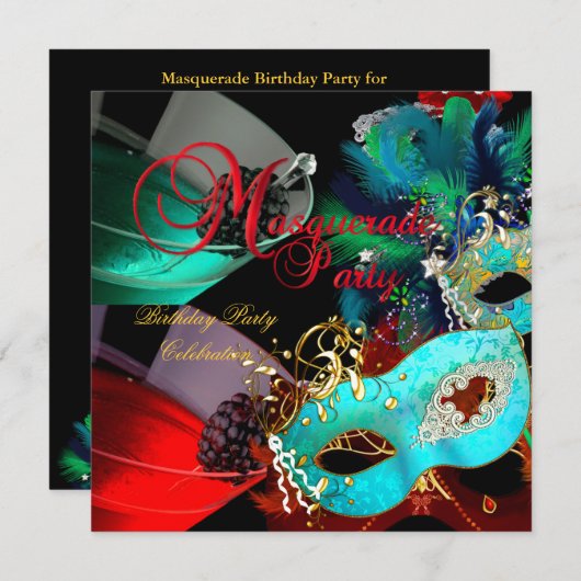 仮装バースデーパーティレッドティール(緑がかった色)金ゴールドマスク 招待状 (正面/裏面)
