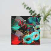 仮装バースデーパーティレッドティール(緑がかった色)金ゴールドマスク 招待状 (スタンド正面)