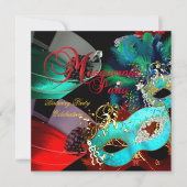 仮装バースデーパーティレッドティール(緑がかった色)金ゴールドマスク 招待状 (正面)