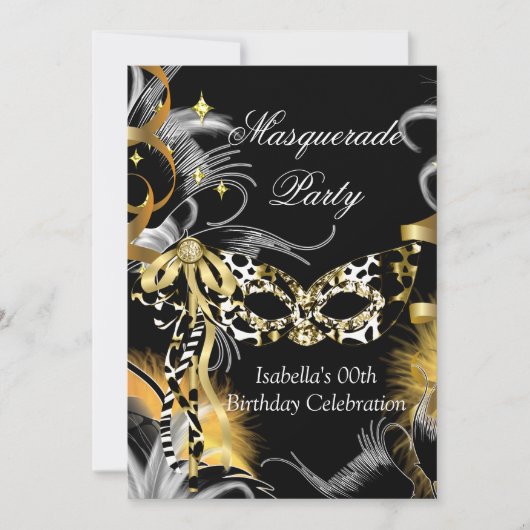 仮装バースデーパーティワイルドマスクブラック金ゴールド 招待状 (正面)