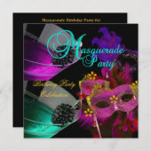 仮装バースデーパーティーティール(緑がかった色)ピンク金ゴールドマスク 招待状 (正面/裏面)