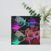 仮装バースデーパーティーティール(緑がかった色)ピンク金ゴールドマスク 招待状 (スタンド正面)