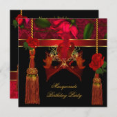 仮装バースデーパーティーブラックレッドローズ金ゴールド 招待状 (正面/裏面)