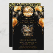 仮装バースデーパーティーブラック金ゴールドグリッター 招待状 (正面/裏面)