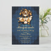 仮装バースデーパーティーブルー金ゴールドマスク招待状 招待状 (スタンド正面)