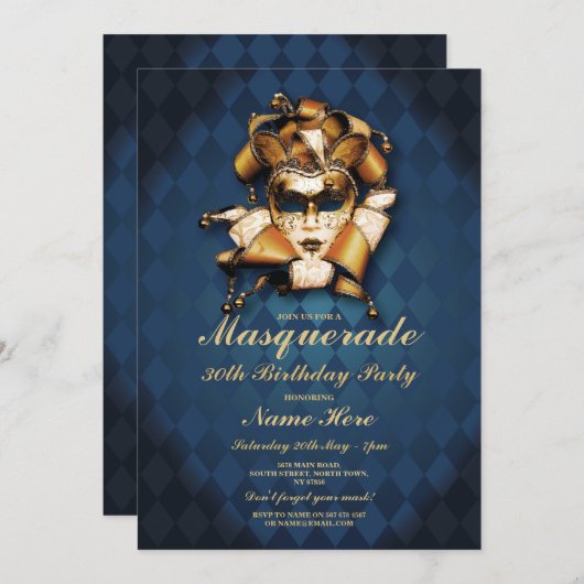 仮装バースデーパーティーブルー金ゴールドマスク招待状 招待状 (正面/裏面)
