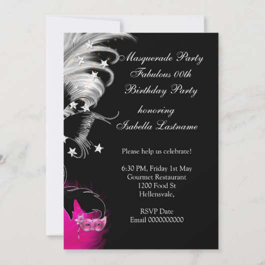 仮装バースデーパーティーホットピンクマスクブラック 招待状 (裏面)