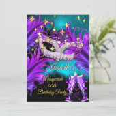 仮装バースデーパーティーマスクティール（緑がかった色）パープルブラック 招待状 (スタンド正面)