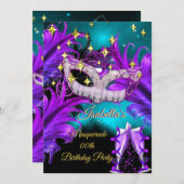 仮装バースデーパーティーマスクティール（緑がかった色）パープルブラック 招待状 (正面/裏面)