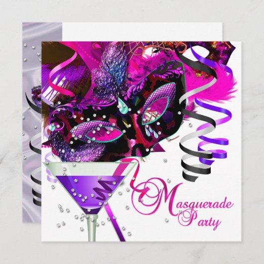 仮装バースデーパーティーマスクピンクマルティニ 招待状 (正面/裏面)