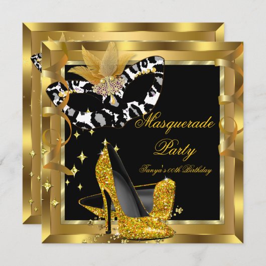仮装バースデーパーティーマスクワイルド金ゴールドヒール 招待状 (正面/裏面)