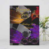 仮装バースデーパーティー紫の赤の黒のマスク 招待状 (スタンド正面)