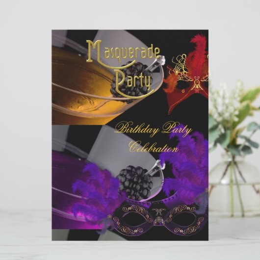 仮装バースデーパーティー紫の赤の黒のマスク 招待状 (スタンド正面)