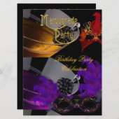 仮装バースデーパーティー紫の赤の黒のマスク 招待状 (正面/裏面)