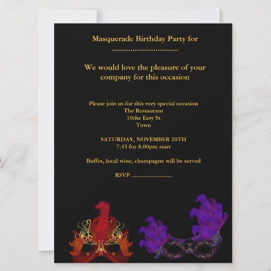 仮装バースデーパーティー紫の赤の黒のマスク 招待状 (裏面)