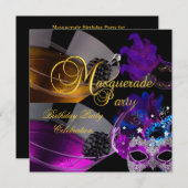 仮装バースデーパーティー紫ピンクのマスク 招待状 (正面/裏面)