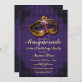 仮装バースデーパーティー金ゴールドパープルマスク招待状 招待状 (正面/裏面)