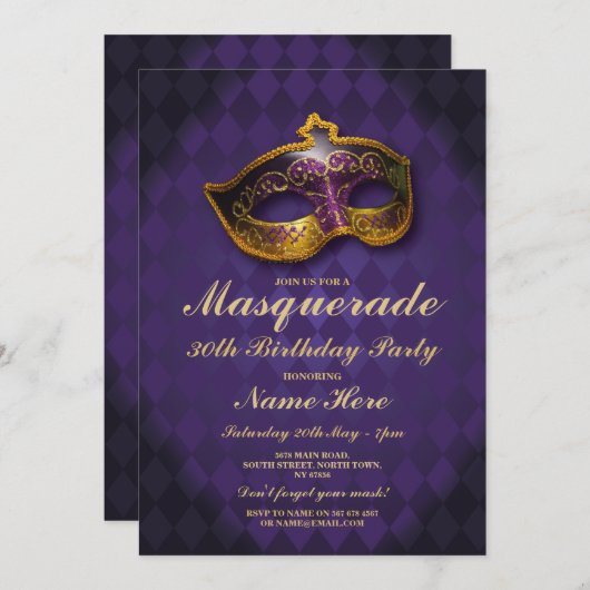 仮装バースデーパーティー金ゴールドパープルマスク招待状 招待状 (正面/裏面)