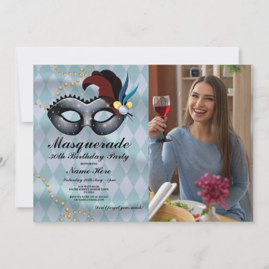 仮装バースデーパーティー金ゴールドブルーマスクフォト 招待状 (正面)