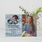 仮装バースデーパーティー金ゴールドブルーマスクフォト 招待状 (スタンド正面)