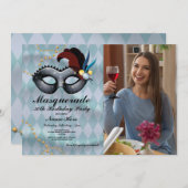 仮装バースデーパーティー金ゴールドブルーマスクフォト 招待状 (正面/裏面)