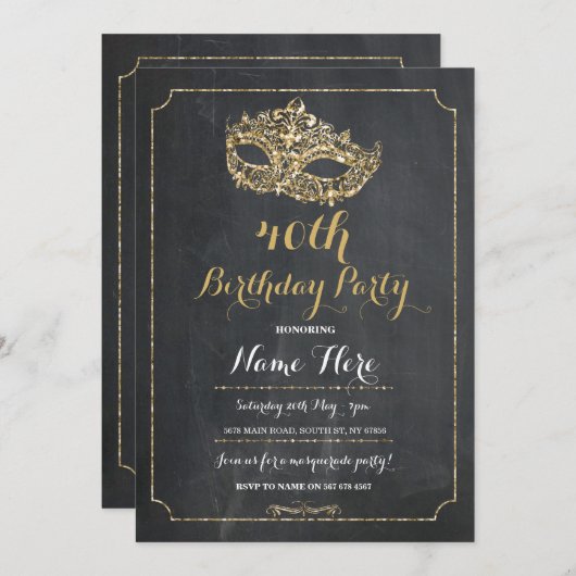 仮装バースデーパーティー金ゴールドマスク招待状40th 50 招待状 (正面/裏面)