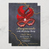 仮装バースデーパーティー金ゴールドレッドマスク招待状 招待状 (正面/裏面)