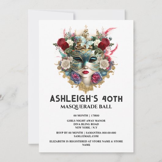 仮装バースデーヴェネツィアの女性顔マスク40th 招待状 (正面)