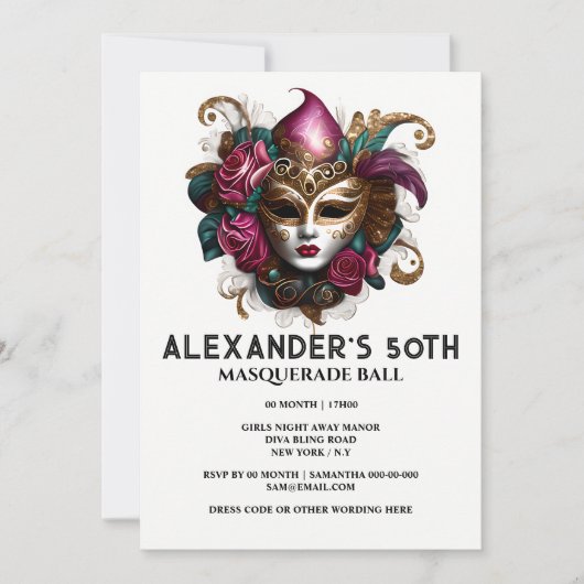 仮装バースデーヴェネツィア顔マスクフローラガラス 招待状 (正面)