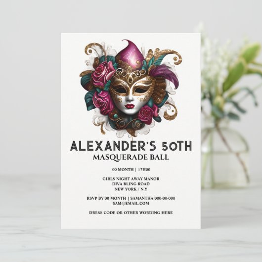 仮装バースデーヴェネツィア顔マスクフローラガラス 招待状 (スタンド正面)