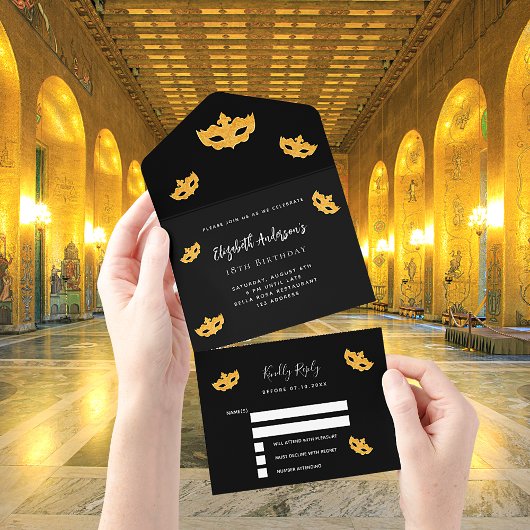 仮装バースデー黒金ゴールドマスクRSVP オールインワン招待状