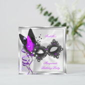 仮装パーティーグリッターパープルシルバーブラックマスク 招待状 (スタンド正面)