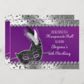 仮装パーティーシルバーパープル誕生日招待状 招待状 (正面/裏面)
