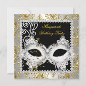 仮装パーティーシルバー金ゴールドダマスクブラックマスク2 招待状 (正面)