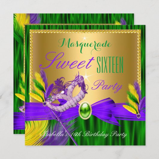 仮装パーティースウィート16パープルグリーン金ゴールド 招待状 (正面/裏面)
