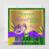 仮装パーティースウィート16パープルグリーン金ゴールド 招待状 (正面)
