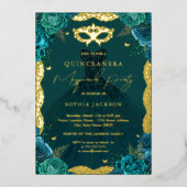 仮装パーティーティール（緑がかった色）フローラドレスキンセアニェラ 箔招待状 (正面)