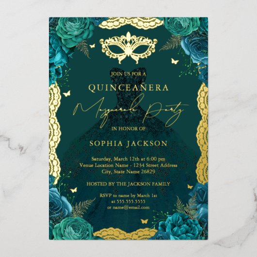 仮装パーティーティール（緑がかった色）フローラドレスキンセアニェラ 箔招待状 (正面)