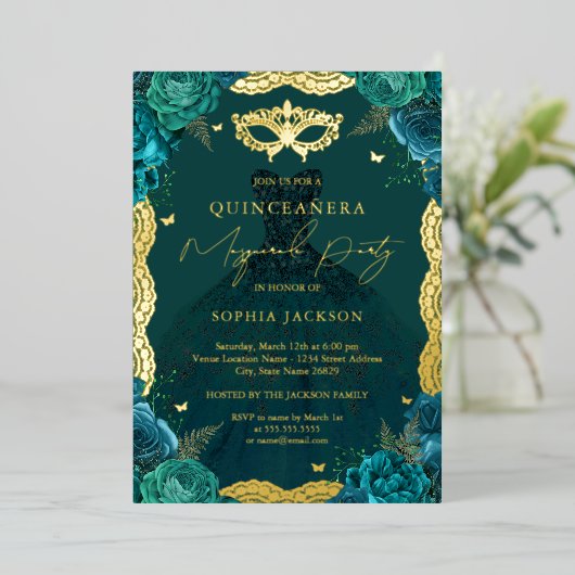仮装パーティーティール（緑がかった色）フローラドレスキンセアニェラ 箔招待状 (立ち正面)