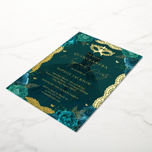 仮装パーティーティール（緑がかった色）フローラドレスキンセアニェラ 箔招待状 (回転した状態)