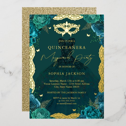 仮装パーティーティール（緑がかった色）フローラドレスキンセアニェラ 箔招待状 (正面/裏面)
