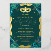 仮装パーティーティール（緑がかった色）フローラレースキンセアニェラ 箔招待状 (正面)