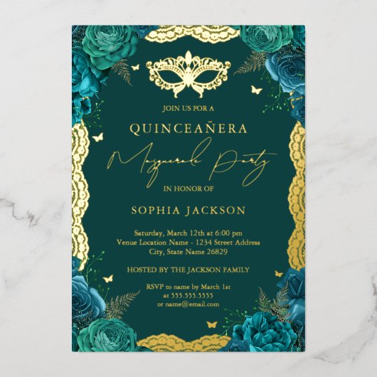 仮装パーティーティール（緑がかった色）フローラレースキンセアニェラ 箔招待状 (正面)