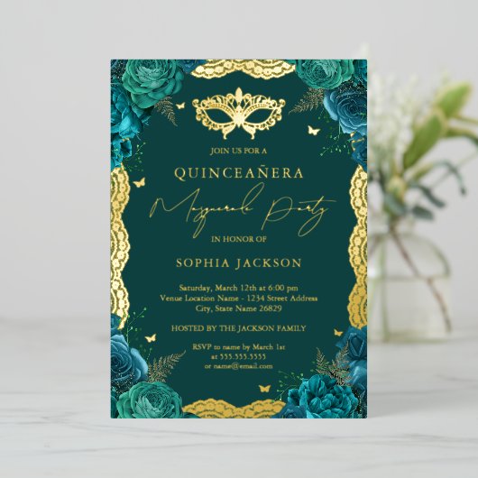 仮装パーティーティール（緑がかった色）フローラレースキンセアニェラ 箔招待状 (立ち正面)